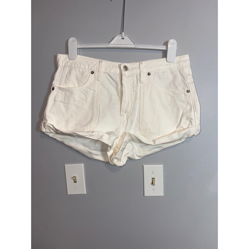 We The Free Free People White Utility roll cuff Denim Short Shorts Button Fly 30